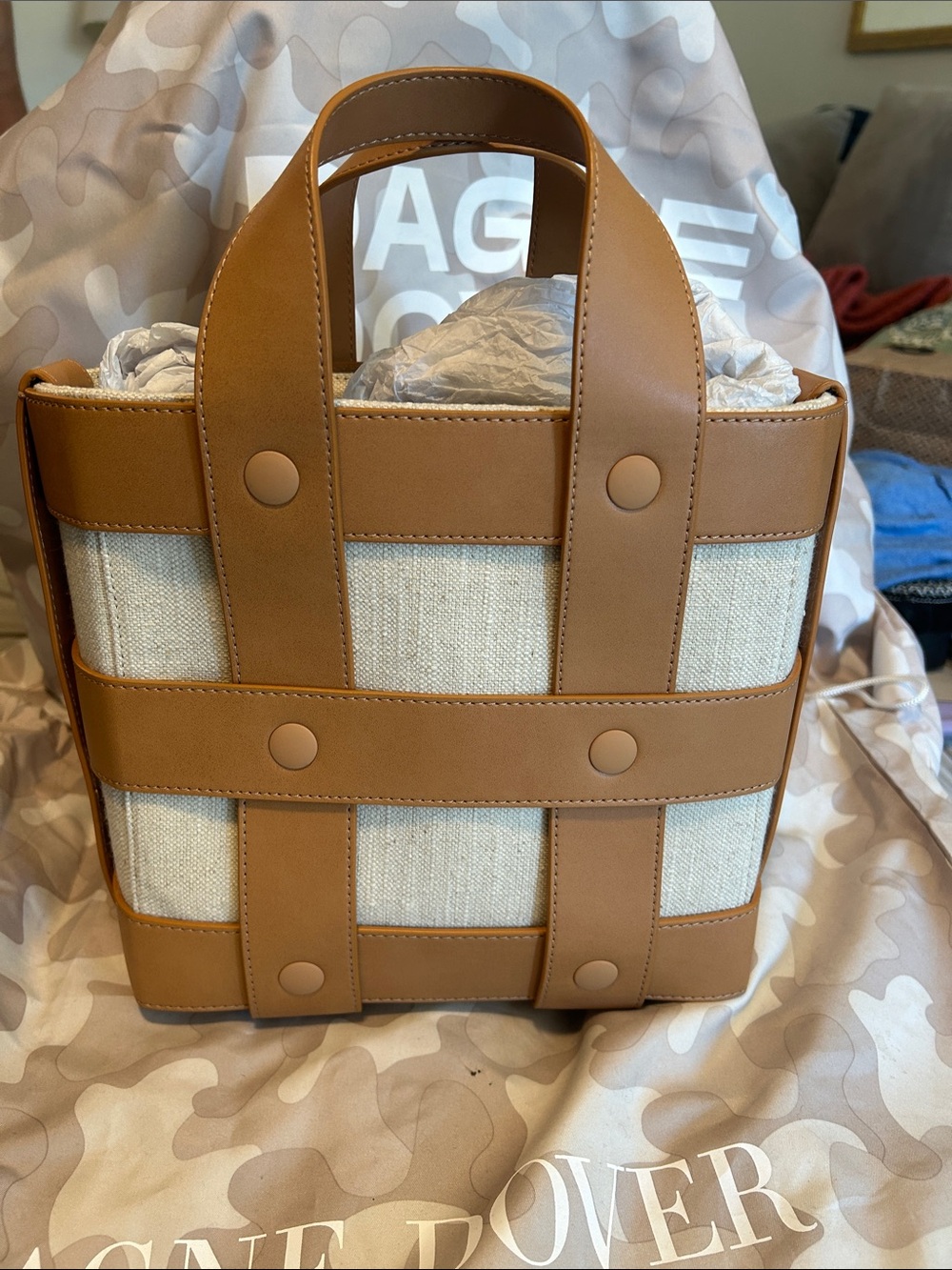 Tan Leather-Trim Canvas Tote